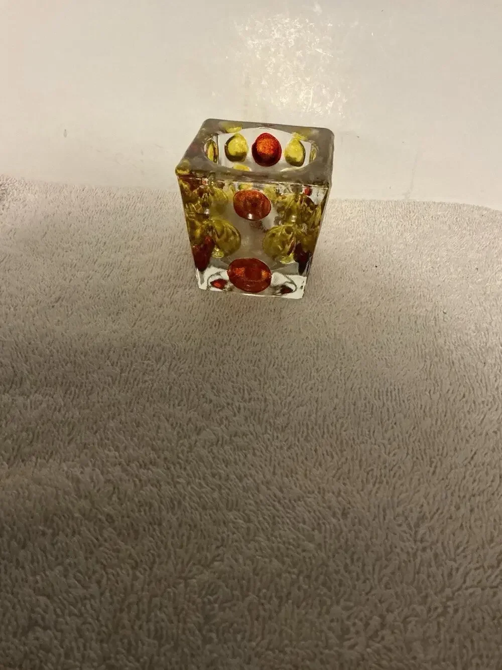 Vtg. 1970’s Solid Square Tea Light Votive Holder Cabachon Dots Retro Multicolor